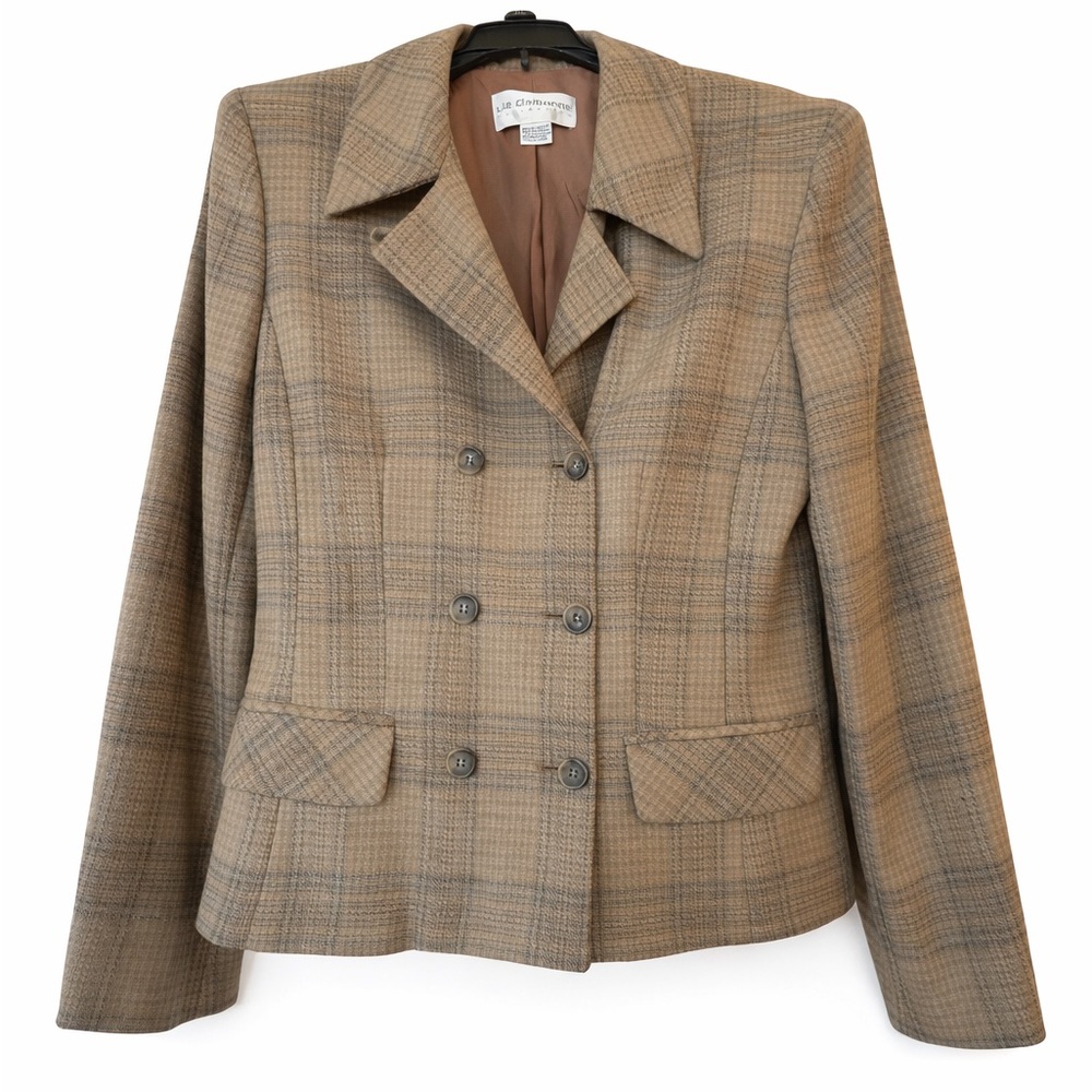 Liz Claiborne Blazer Wool double breasted beige gray plaid size 8 - Picture 1 of 16